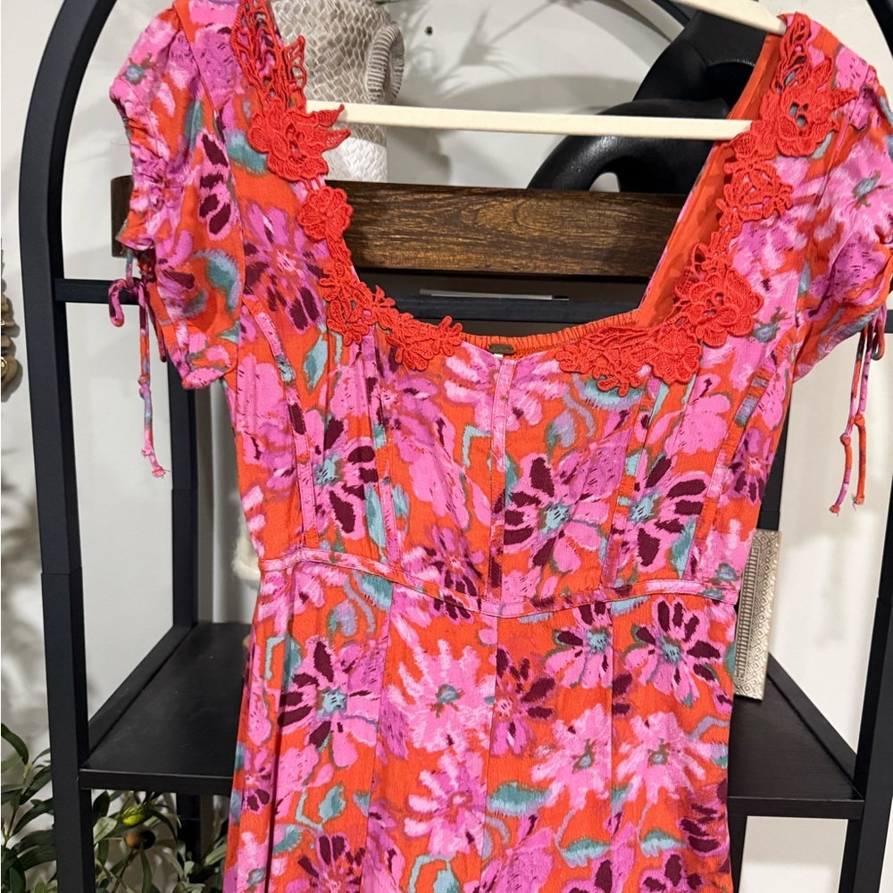 Free People Floral Midi Dress Pink Orange Lace Trim Small - Picture 6 of 13
